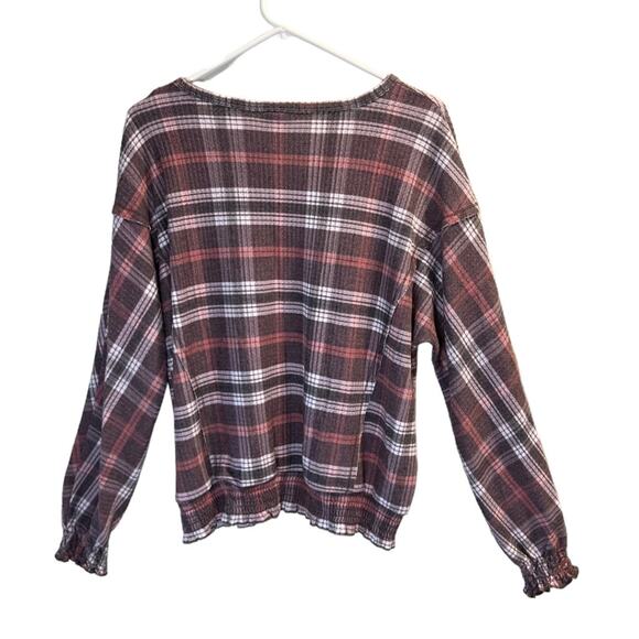 EST. 1946 Size L V-Neck Plaid Long Sleeve Top Mauve White Stretch Knit Comfy - Picture 11 of 12